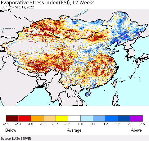 China, Mongolia and Taiwan Evaporative Stress Index (ESI), 12-Weeks Thematic Map For 9/12/2022 - 9/18/2022