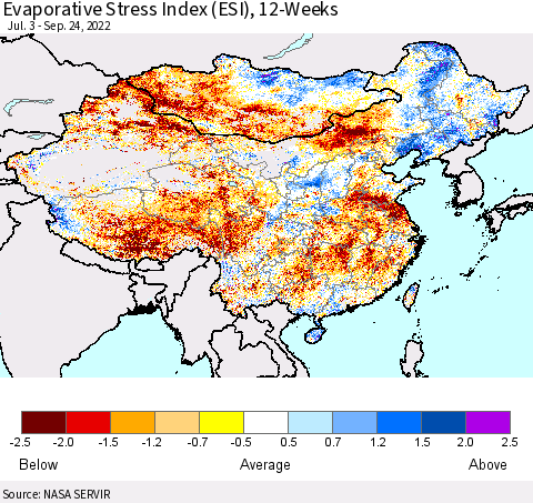 China, Mongolia and Taiwan Evaporative Stress Index (ESI), 12-Weeks Thematic Map For 9/19/2022 - 9/25/2022