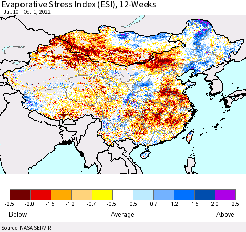 China, Mongolia and Taiwan Evaporative Stress Index (ESI), 12-Weeks Thematic Map For 9/26/2022 - 10/2/2022