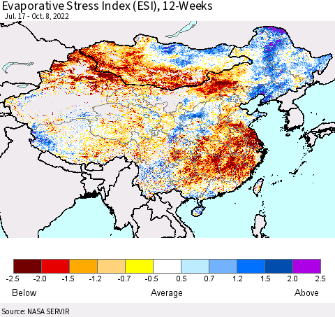 China, Mongolia and Taiwan Evaporative Stress Index (ESI), 12-Weeks Thematic Map For 10/3/2022 - 10/9/2022
