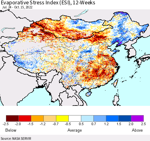 China, Mongolia and Taiwan Evaporative Stress Index (ESI), 12-Weeks Thematic Map For 10/10/2022 - 10/16/2022