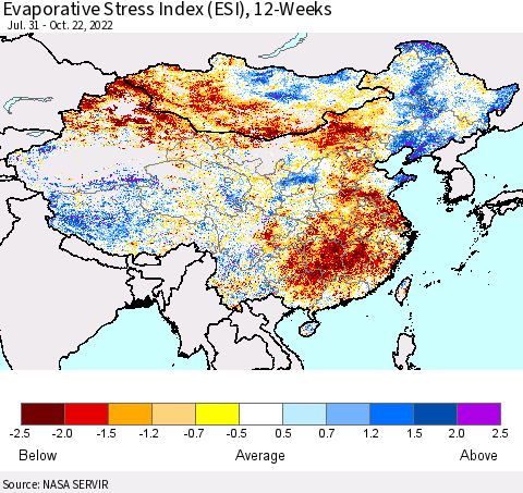 China, Mongolia and Taiwan Evaporative Stress Index (ESI), 12-Weeks Thematic Map For 10/17/2022 - 10/23/2022