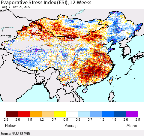 China, Mongolia and Taiwan Evaporative Stress Index (ESI), 12-Weeks Thematic Map For 10/24/2022 - 10/30/2022
