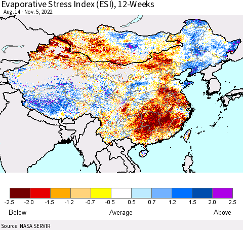 China, Mongolia and Taiwan Evaporative Stress Index (ESI), 12-Weeks Thematic Map For 10/31/2022 - 11/6/2022