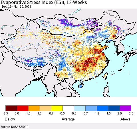 China, Mongolia and Taiwan Evaporative Stress Index (ESI), 12-Weeks Thematic Map For 3/6/2023 - 3/12/2023