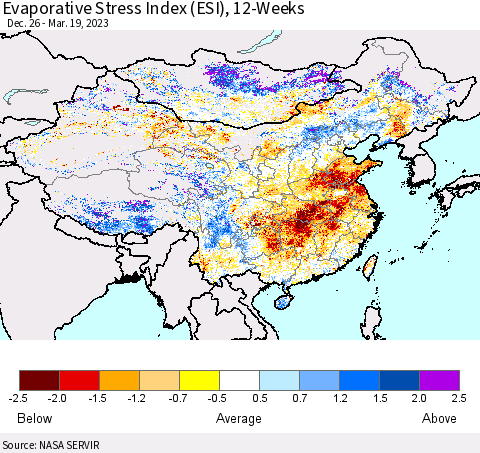 China, Mongolia and Taiwan Evaporative Stress Index (ESI), 12-Weeks Thematic Map For 3/13/2023 - 3/19/2023