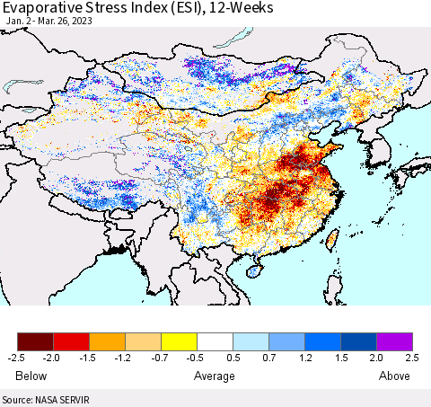 China, Mongolia and Taiwan Evaporative Stress Index (ESI), 12-Weeks Thematic Map For 3/20/2023 - 3/26/2023