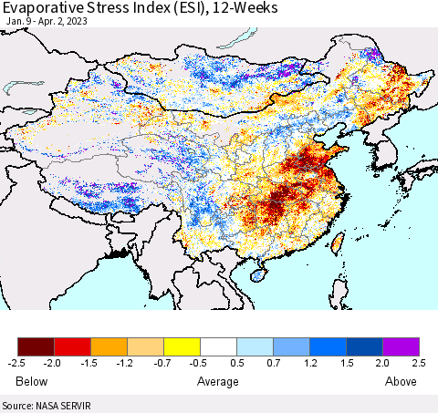 China, Mongolia and Taiwan Evaporative Stress Index (ESI), 12-Weeks Thematic Map For 3/27/2023 - 4/2/2023