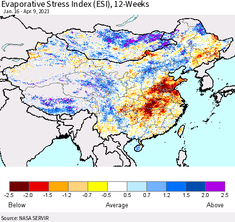 China, Mongolia and Taiwan Evaporative Stress Index (ESI), 12-Weeks Thematic Map For 4/3/2023 - 4/9/2023