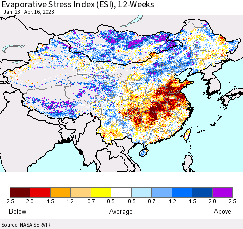 China, Mongolia and Taiwan Evaporative Stress Index (ESI), 12-Weeks Thematic Map For 4/10/2023 - 4/16/2023