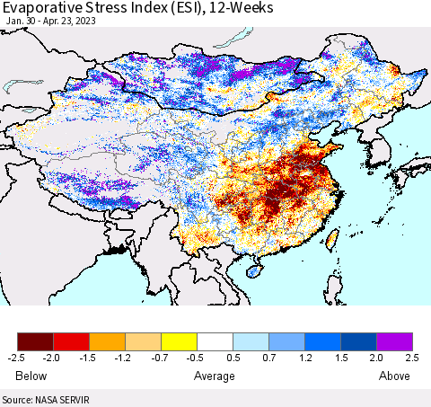 China, Mongolia and Taiwan Evaporative Stress Index (ESI), 12-Weeks Thematic Map For 4/17/2023 - 4/23/2023