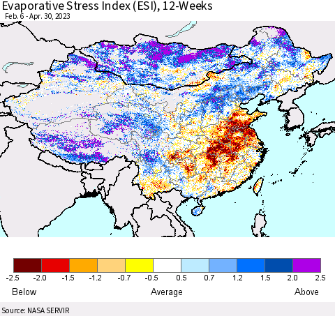 China, Mongolia and Taiwan Evaporative Stress Index (ESI), 12-Weeks Thematic Map For 4/24/2023 - 4/30/2023