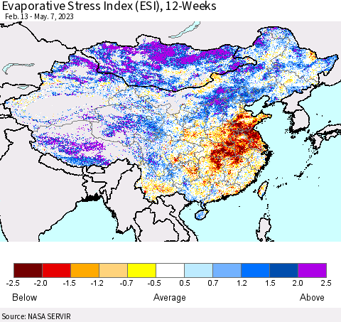 China, Mongolia and Taiwan Evaporative Stress Index (ESI), 12-Weeks Thematic Map For 5/1/2023 - 5/7/2023