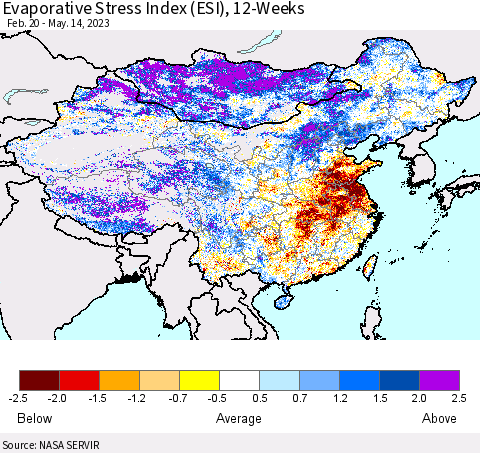 China, Mongolia and Taiwan Evaporative Stress Index (ESI), 12-Weeks Thematic Map For 5/8/2023 - 5/14/2023