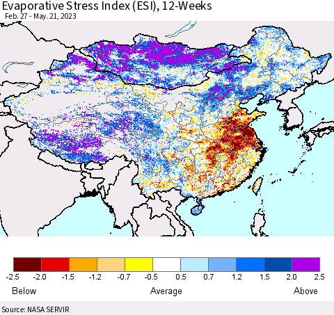 China, Mongolia and Taiwan Evaporative Stress Index (ESI), 12-Weeks Thematic Map For 5/15/2023 - 5/21/2023