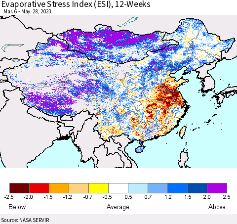 China, Mongolia and Taiwan Evaporative Stress Index (ESI), 12-Weeks Thematic Map For 5/22/2023 - 5/28/2023