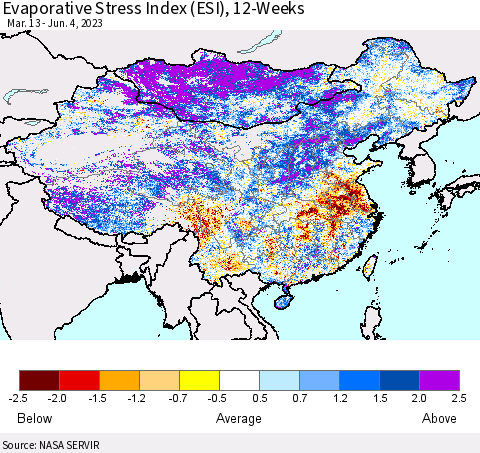 China, Mongolia and Taiwan Evaporative Stress Index (ESI), 12-Weeks Thematic Map For 5/29/2023 - 6/4/2023