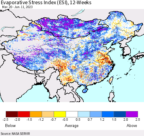 China, Mongolia and Taiwan Evaporative Stress Index (ESI), 12-Weeks Thematic Map For 6/5/2023 - 6/11/2023