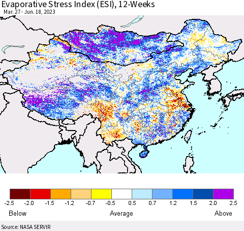 China, Mongolia and Taiwan Evaporative Stress Index (ESI), 12-Weeks Thematic Map For 6/12/2023 - 6/18/2023
