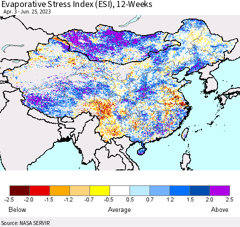China, Mongolia and Taiwan Evaporative Stress Index (ESI), 12-Weeks Thematic Map For 6/19/2023 - 6/25/2023