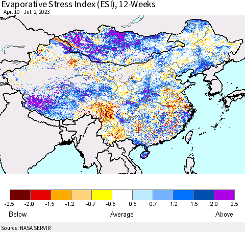 China, Mongolia and Taiwan Evaporative Stress Index (ESI), 12-Weeks Thematic Map For 6/26/2023 - 7/2/2023