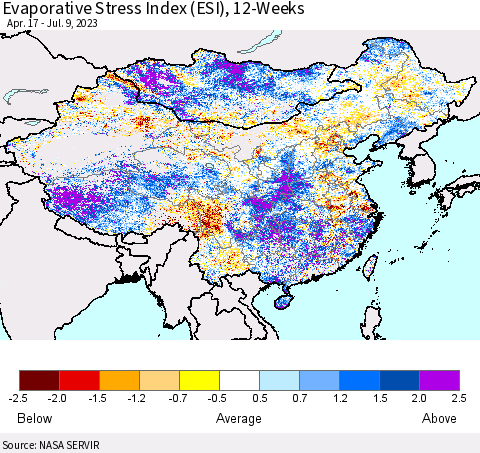 China, Mongolia and Taiwan Evaporative Stress Index (ESI), 12-Weeks Thematic Map For 7/3/2023 - 7/9/2023
