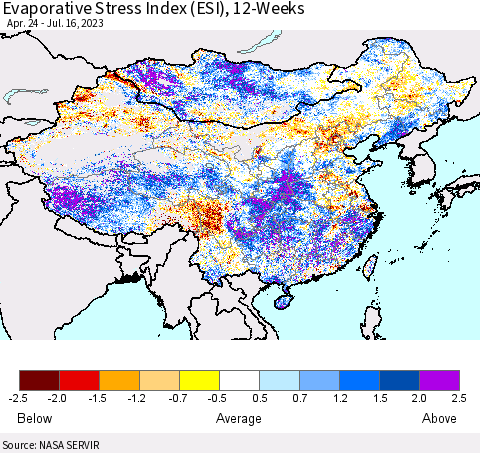 China, Mongolia and Taiwan Evaporative Stress Index (ESI), 12-Weeks Thematic Map For 7/10/2023 - 7/16/2023