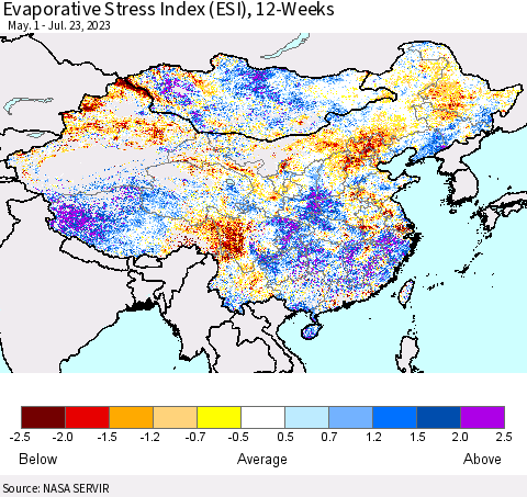 China, Mongolia and Taiwan Evaporative Stress Index (ESI), 12-Weeks Thematic Map For 7/17/2023 - 7/23/2023