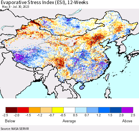 China, Mongolia and Taiwan Evaporative Stress Index (ESI), 12-Weeks Thematic Map For 7/24/2023 - 7/30/2023