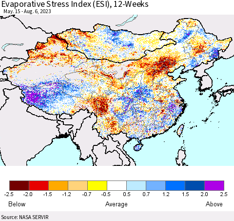 China, Mongolia and Taiwan Evaporative Stress Index (ESI), 12-Weeks Thematic Map For 7/31/2023 - 8/6/2023