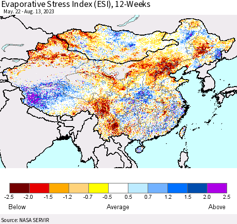 China, Mongolia and Taiwan Evaporative Stress Index (ESI), 12-Weeks Thematic Map For 8/7/2023 - 8/13/2023