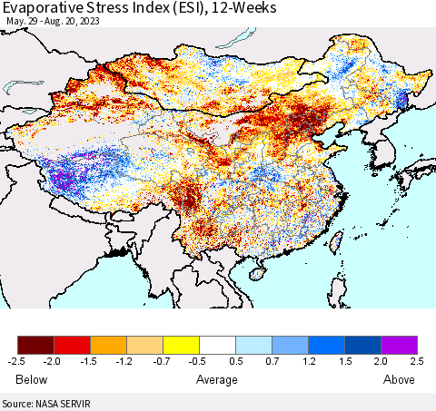 China, Mongolia and Taiwan Evaporative Stress Index (ESI), 12-Weeks Thematic Map For 8/14/2023 - 8/20/2023