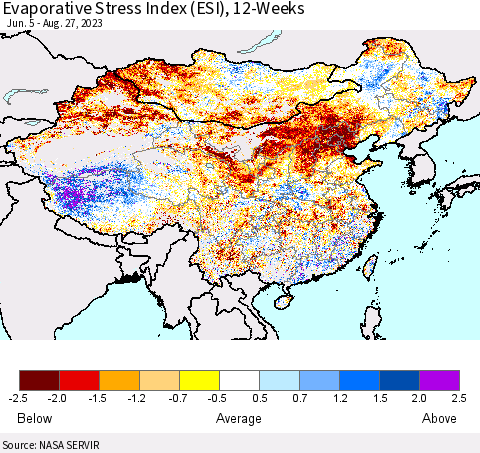 China, Mongolia and Taiwan Evaporative Stress Index (ESI), 12-Weeks Thematic Map For 8/21/2023 - 8/27/2023