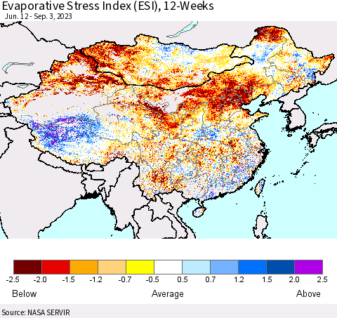 China, Mongolia and Taiwan Evaporative Stress Index (ESI), 12-Weeks Thematic Map For 8/28/2023 - 9/3/2023