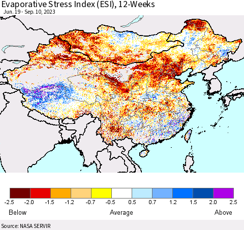 China, Mongolia and Taiwan Evaporative Stress Index (ESI), 12-Weeks Thematic Map For 9/4/2023 - 9/10/2023