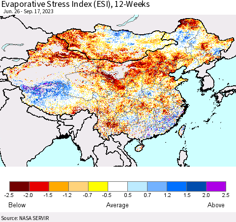 China, Mongolia and Taiwan Evaporative Stress Index (ESI), 12-Weeks Thematic Map For 9/11/2023 - 9/17/2023