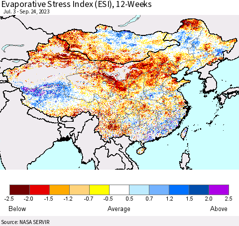 China, Mongolia and Taiwan Evaporative Stress Index (ESI), 12-Weeks Thematic Map For 9/18/2023 - 9/24/2023