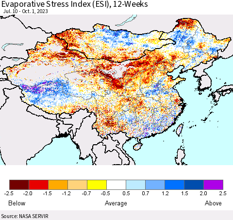 China, Mongolia and Taiwan Evaporative Stress Index (ESI), 12-Weeks Thematic Map For 9/25/2023 - 10/1/2023
