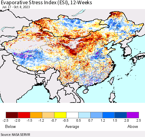 China, Mongolia and Taiwan Evaporative Stress Index (ESI), 12-Weeks Thematic Map For 10/2/2023 - 10/8/2023