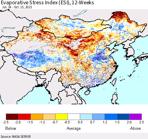 China, Mongolia and Taiwan Evaporative Stress Index (ESI), 12-Weeks Thematic Map For 10/9/2023 - 10/15/2023
