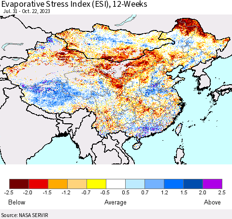 China, Mongolia and Taiwan Evaporative Stress Index (ESI), 12-Weeks Thematic Map For 10/16/2023 - 10/22/2023