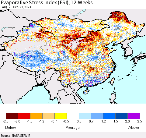 China, Mongolia and Taiwan Evaporative Stress Index (ESI), 12-Weeks Thematic Map For 10/23/2023 - 10/29/2023