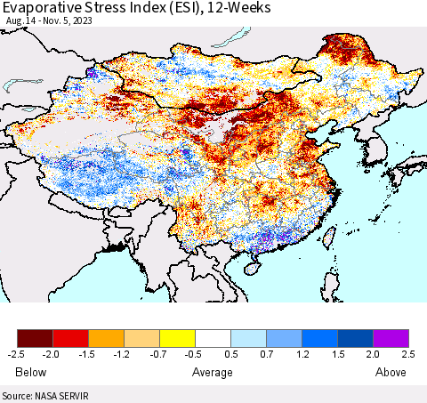 China, Mongolia and Taiwan Evaporative Stress Index (ESI), 12-Weeks Thematic Map For 10/30/2023 - 11/5/2023