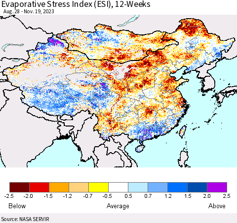 China, Mongolia and Taiwan Evaporative Stress Index (ESI), 12-Weeks Thematic Map For 11/13/2023 - 11/19/2023