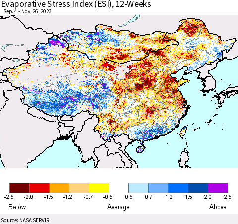 China, Mongolia and Taiwan Evaporative Stress Index (ESI), 12-Weeks Thematic Map For 11/20/2023 - 11/26/2023