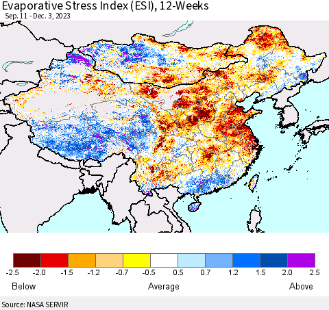 China, Mongolia and Taiwan Evaporative Stress Index (ESI), 12-Weeks Thematic Map For 11/27/2023 - 12/3/2023