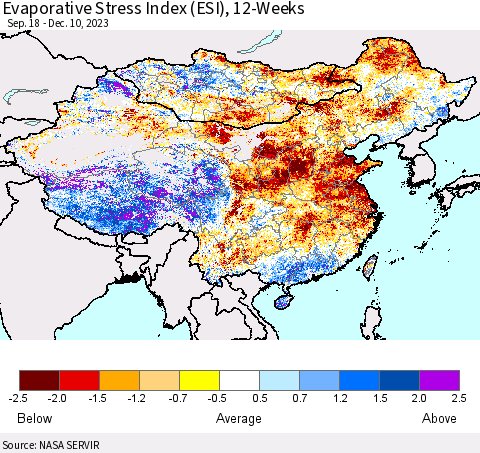 China, Mongolia and Taiwan Evaporative Stress Index (ESI), 12-Weeks Thematic Map For 12/4/2023 - 12/10/2023