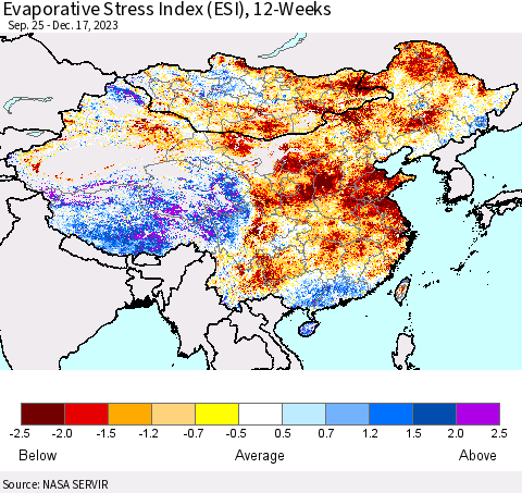 China, Mongolia and Taiwan Evaporative Stress Index (ESI), 12-Weeks Thematic Map For 12/11/2023 - 12/17/2023
