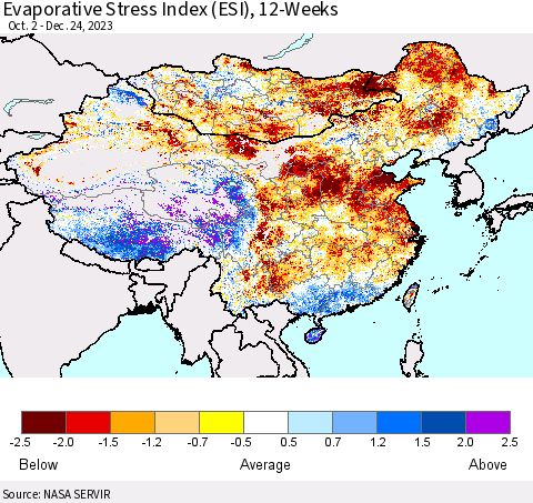China, Mongolia and Taiwan Evaporative Stress Index (ESI), 12-Weeks Thematic Map For 12/18/2023 - 12/24/2023