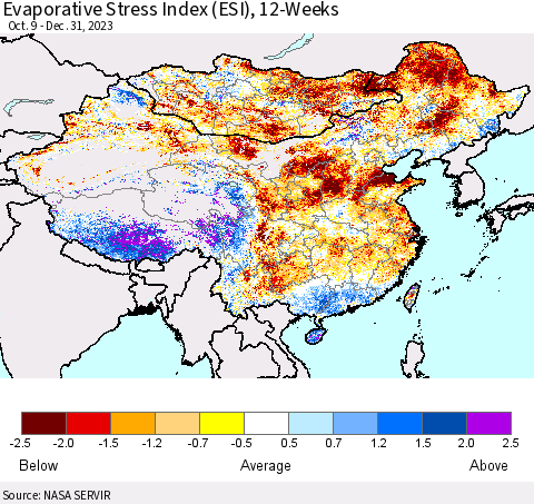 China, Mongolia and Taiwan Evaporative Stress Index (ESI), 12-Weeks Thematic Map For 12/25/2023 - 12/31/2023